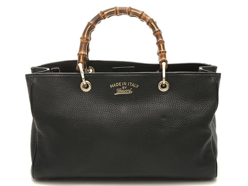 Gucci Bamboo Shopper Black Calfskin indentations shoulder strap